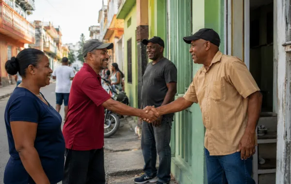 Personas saludándose en una calle dominicana