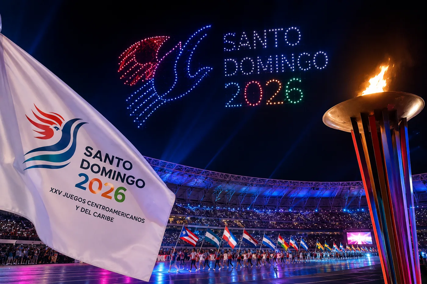 Santo Domingo 2026 abre con una noche histórica: drones, música y orgullo caribeño en el Olímpico